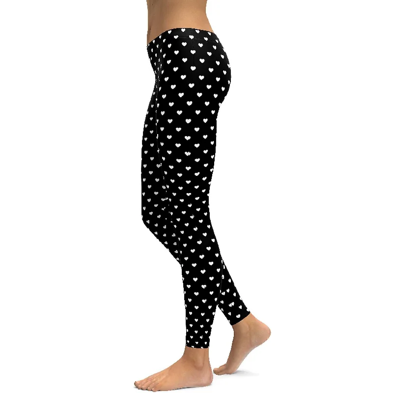 White Mini Hearts Black Leggings