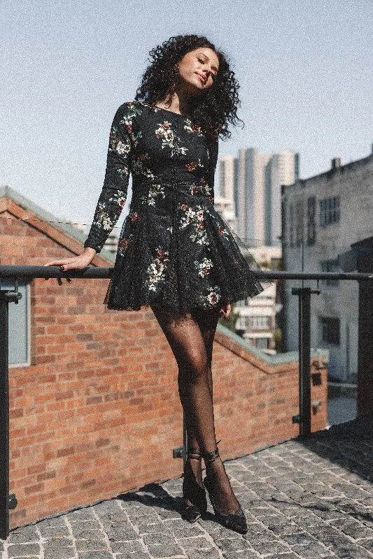 Woodsen Long Sleeve Mini Dress - Black Floral