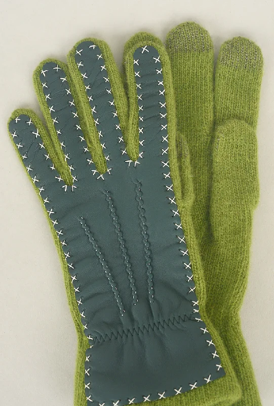 Contrast Stitch Leather/Wool Gloves, Verde