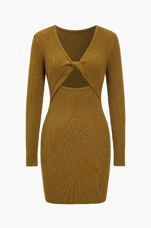 Knit Cut Out Twist Knot V-Neck Long Sleeve Dress