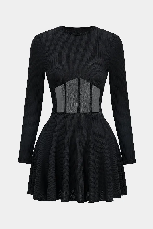 Mesh Patchwork Corset Long Sleeve Mini Dress