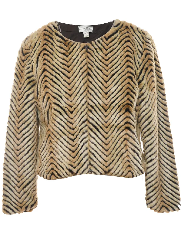 Classic Herringbone Tweed Faux Fur Coat - M