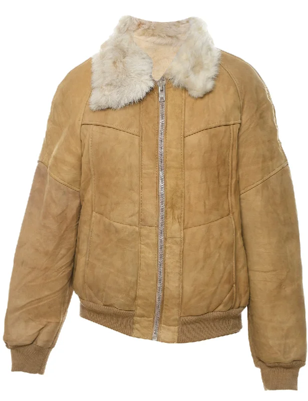 Beige Faux Shearling Lined Suede Zip-Front Jacket - L