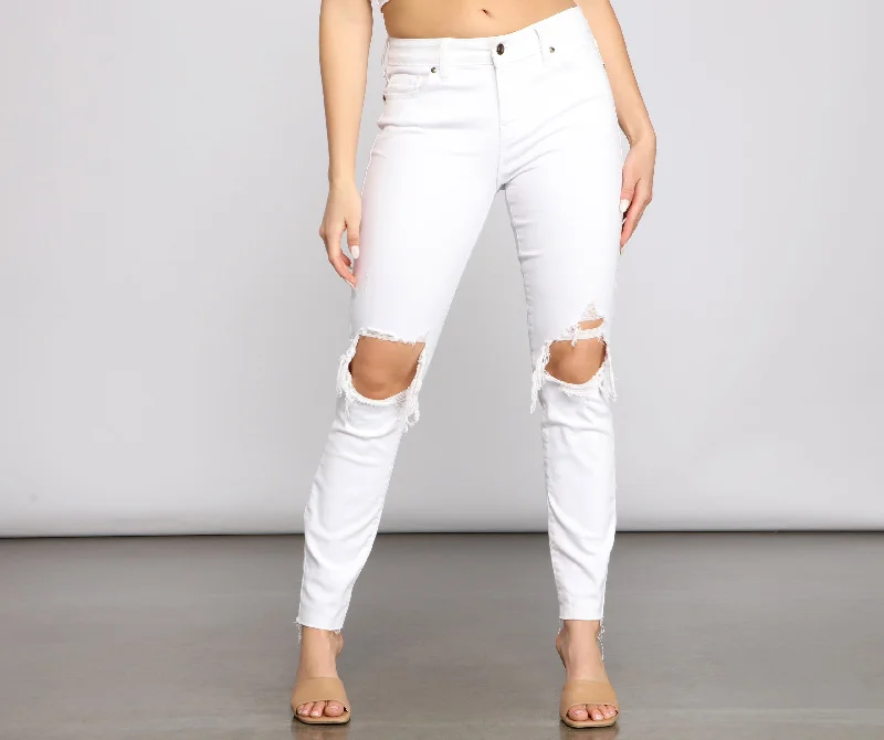 Jude Mid-Rise Destructed Knee Skinny Jeans