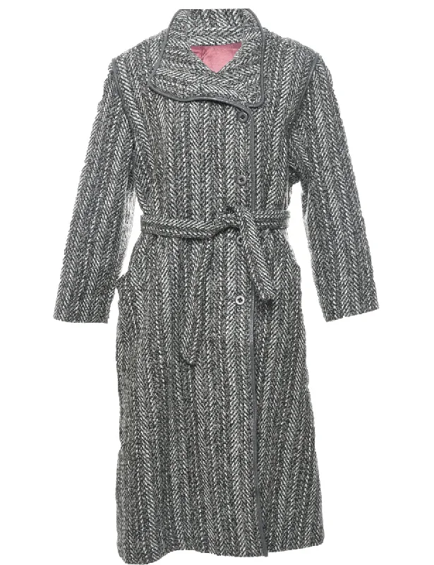 Herringbone Tweed Wool Coat - L