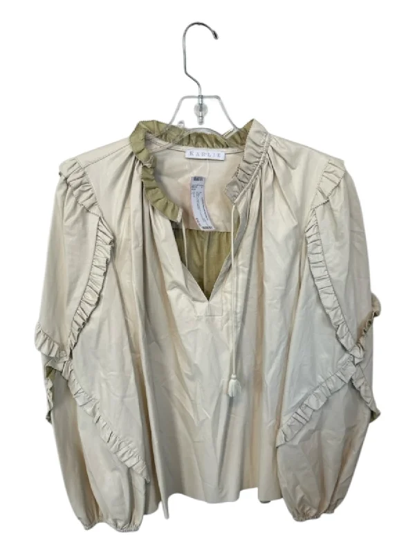 Karlie Size L Cream Vegan Leather Long Sleeve Ruffle Collar Top