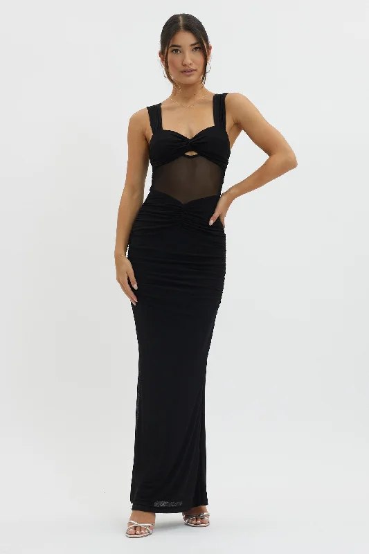 Oliana Sheer Waist Keyhole Maxi Dress Black