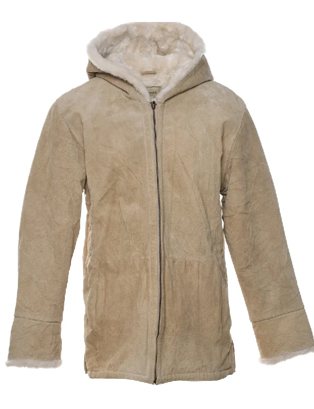 Hooded Suede Shearling Coat - L