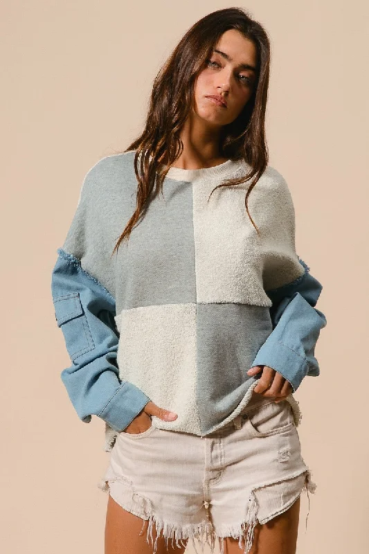 Terry Washed Denim Sleeve Pullover