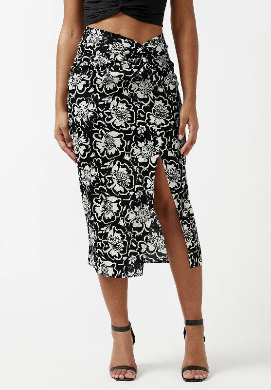 Salome Black and Cream Flower Print Twist-Front Skirt - WS0002S