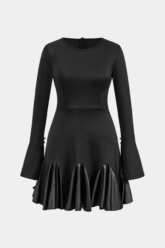 Faux Leather Patchwork Round Neck Long Sleeve Mini Dress