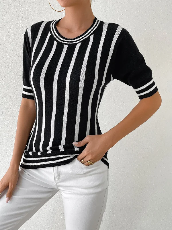 Striped Round Neck Half Sleeve Knit Top