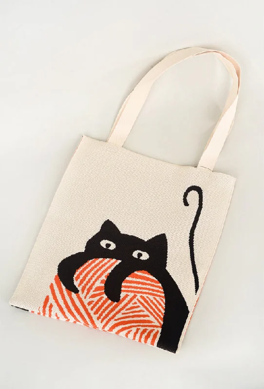 Kitty & Yarn Knit Tote Bag, Cream/Orange