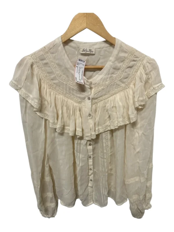 Loveshackfancy Size M Cream Viscose Long Sleeve Ruffles Lace Detail Top