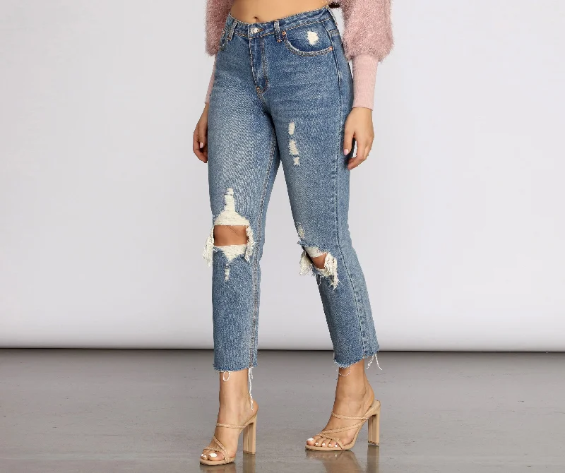 High Waist Distressed Denim Pants