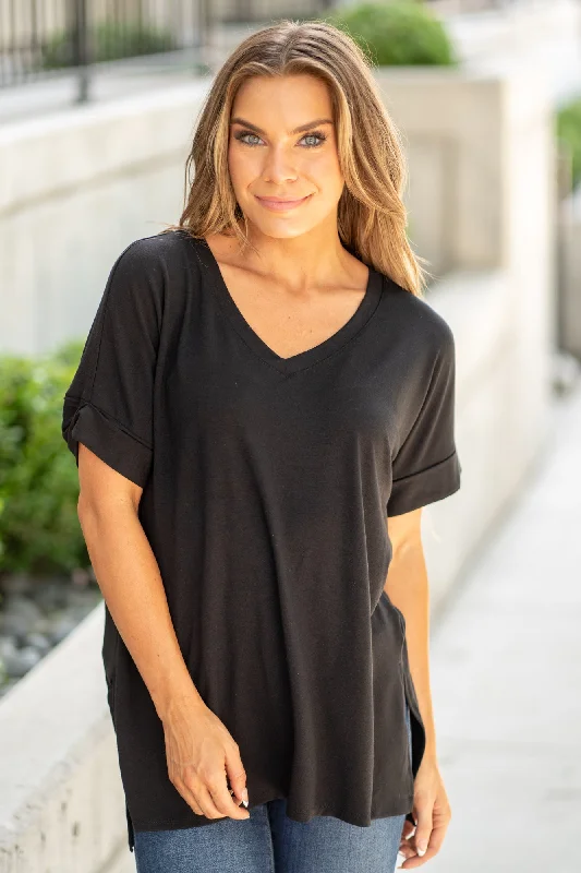 Super Soft Tee High Low Hem V Neck Top - Black