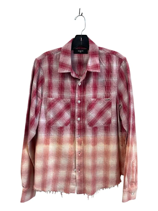 Amiri Size Small Pink & Cream Cotton Long Sleeve Plaid Button Up Raw Edge Top