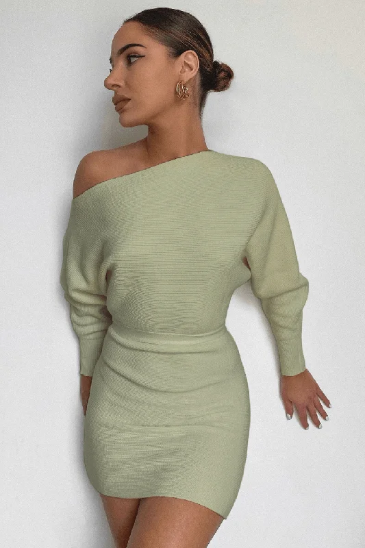 One Shoulder Knit Dress - Sage