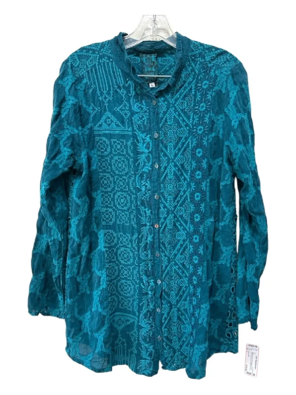 Johnny Was Size L Teal Blue Cupro Embroidered Long Sleeve Button Down Collar Top