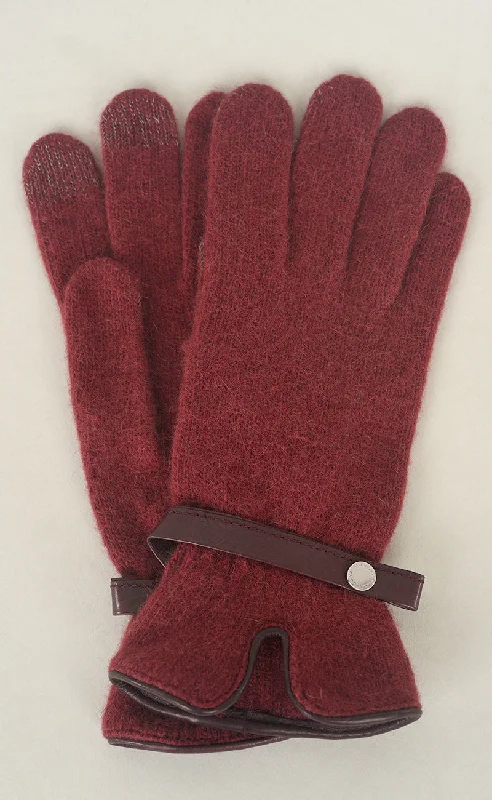 Leather Piped Wool & Angora Gloves, Burdeos