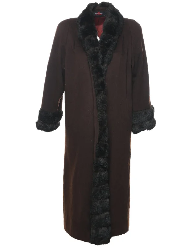 Dark Brown Faux Fur Trim Black & Dark Brown Wool Coat - L