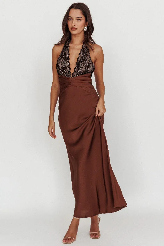 Rarity Satin Lace Halterneck Maxi Dress Coffee