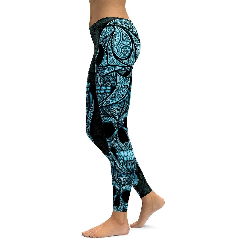 Blue Ornamental Skull Leggings