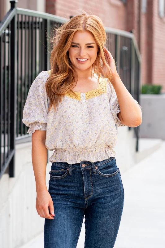 Crochet Trimmed Square Neck Ditsy Print Blouse - Vintage Grey