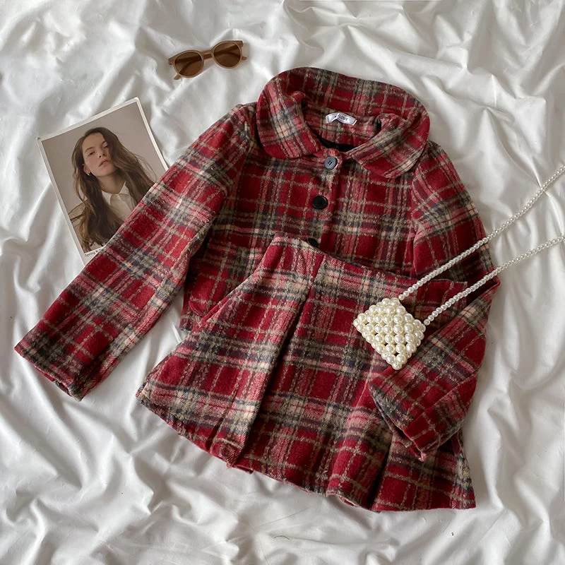 Berry Plaid Jacket & Skirt Set (Red)