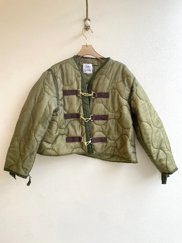 Olive Green Army Liner Quilted Coat w/ Brown Ribbon & Gold-tone Clasps (Reworked)