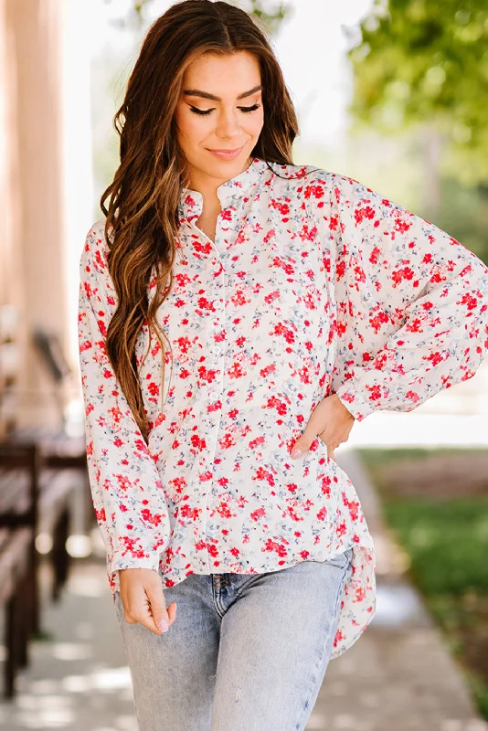 Floral Band Collar High-Low Blouse Traditional Women's Wool