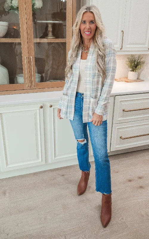 Forever Favorite Plaid Cardigan in Ivory Mocha Blue #1 | Salty Wave Feminine Women's Soft 